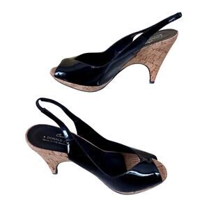 Donald Pliner Black Patent Leather Shoe New Cork Platform Peep Toe $265 NWT 7.5